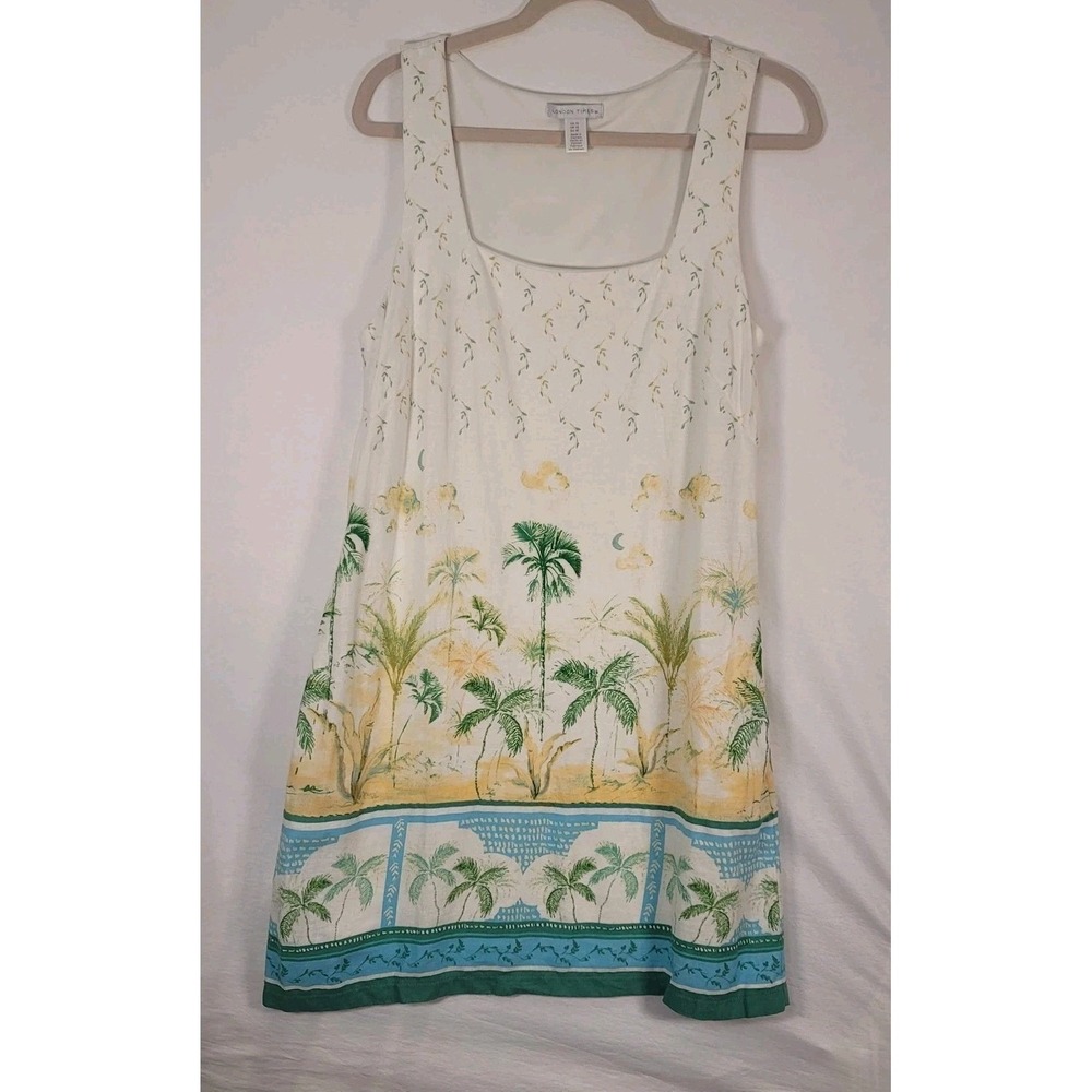 London Times Dress Womens 10 Palm Tree Print Linen Blend Pockets Summer Casual